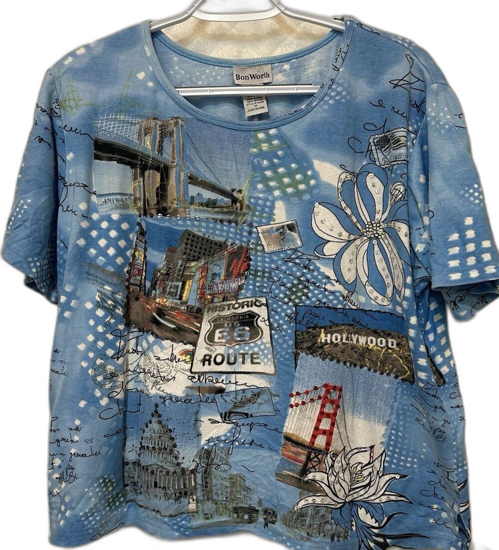 BonWorth Route 66 T-shirt 100% Cotton Medium Embellished Vintage Y2K Artsy